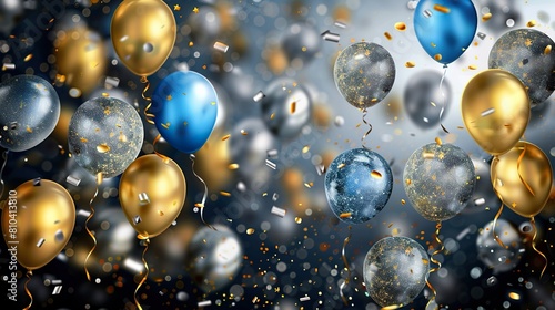 beautiful celebration background with balloons, gold, silver and blue colors, glittery sparkly stars