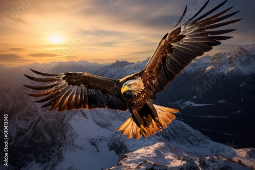 Majestic eagle soaring over snowy mountains at sunset