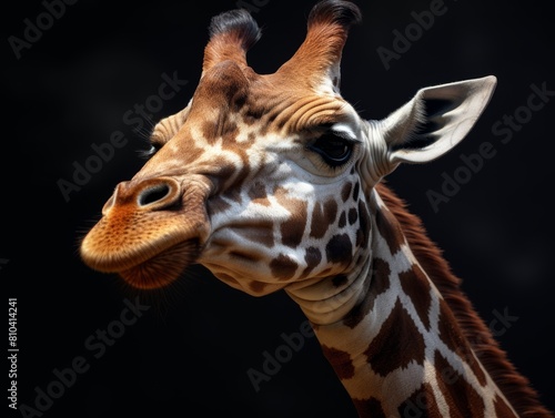 close-up of a giraffe's head against a dark background