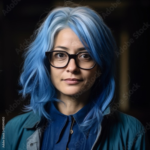 woman with blue hair and glasses