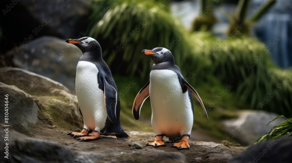 Fototapeta premium Pair of penguins standing on rocky terrain