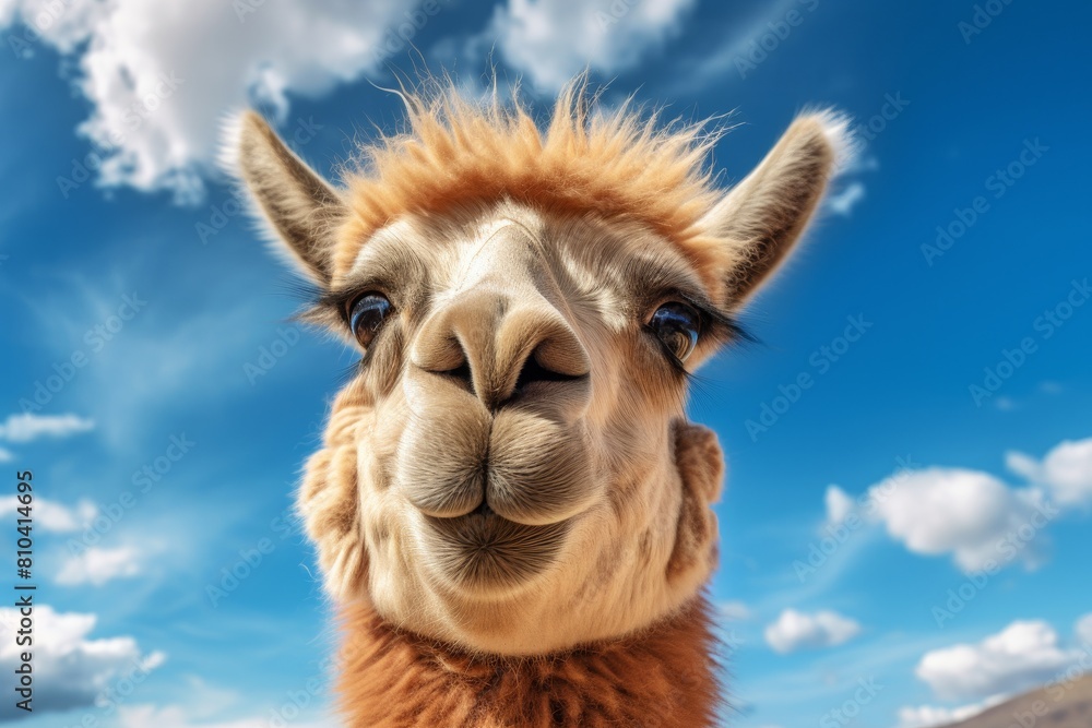 Smiling Alpaca Against Blue Sky