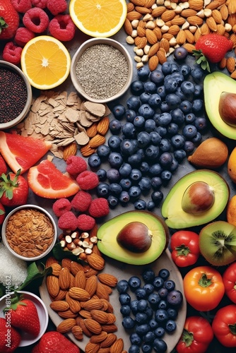 Assortment of healthy fruits  nuts  and superfoods