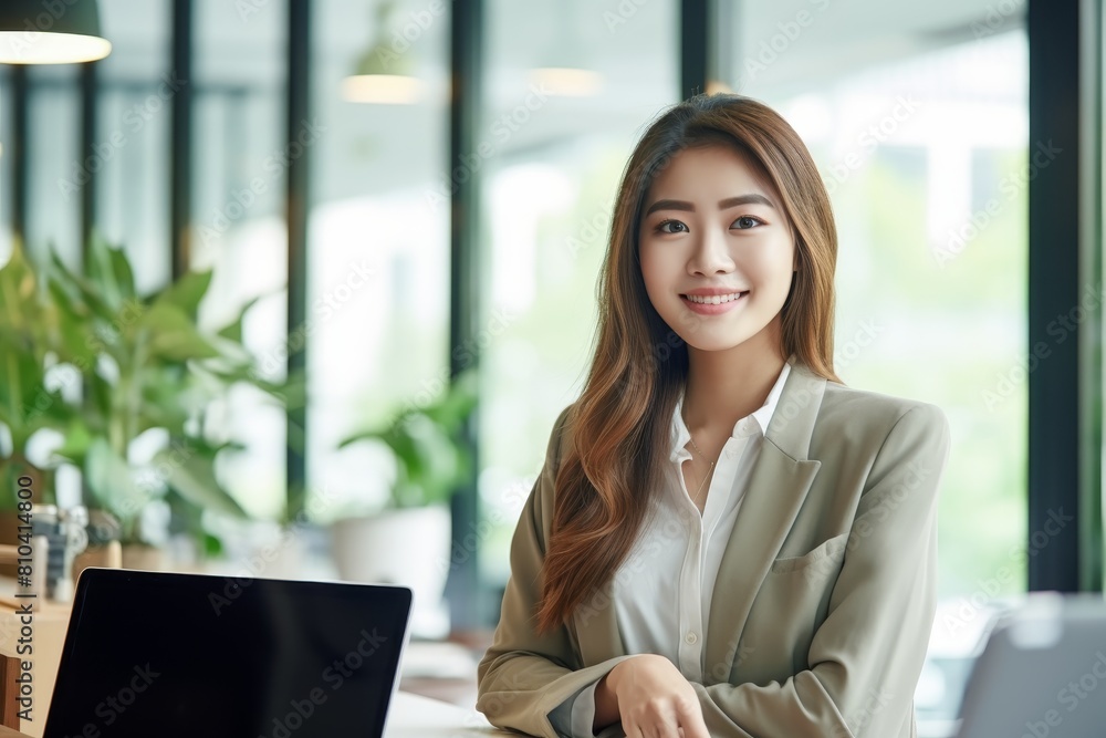 young professional woman smiling in office young professional woman smiling in office