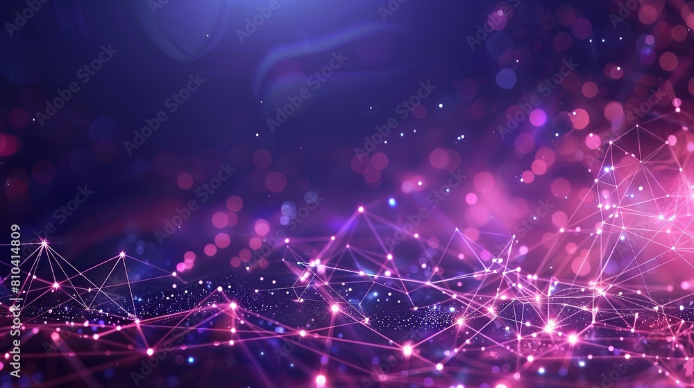 Fototapeta premium A backdrop of soft glowing purple and pink connections forming a tranquil plexus pattern over a dark violet base designed with a significant amount of space for text on the right side