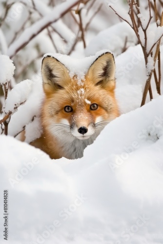 Curious red fox peeking through snowy branches