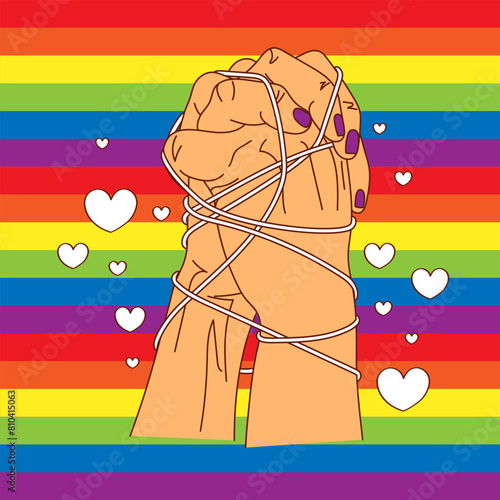 LGBT Pride Month in June. Lesbians, gays, bisexuals, transsexuals. LGBT flag and heart. Rainbow love concept. Human rights and tolerance. Poster, postcard, banner. Lovers hold hands tied with a thread