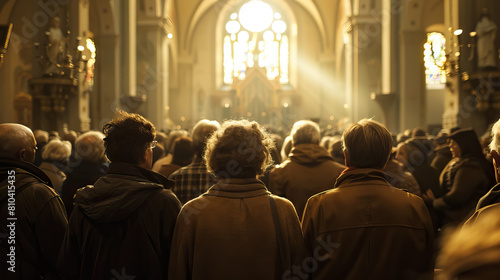 church full of worshippers gathered for Ascension Day background. © Curva Design