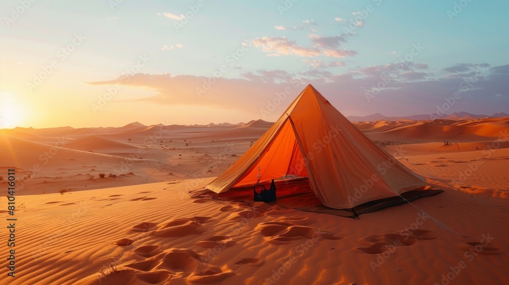 orange campsite in the middle of the desert on a beautiful sunset in high resolution