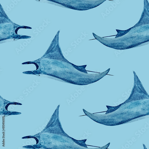Manta ray watercolor seamless pattern on light blue background. High quality hand-drawn monochromatic illustration for notebooks, posters, wallpaper, textile, beach towel, wrapping paper, room decor
