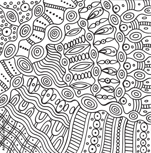 Geometric doodle line art pattern. Outline boho coloring page for adults. Abstract psychedelic design. Vector artwork