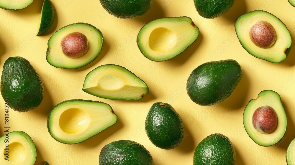Playful close-up of avocados in whole and sliced forms, creating a tile pattern on a yellow pastel background, isolated with perfect studio lights Playful close-up of avocados in whole and sliced forms, creating a tile pattern on a yellow pastel background, isolated with perfect studio lights