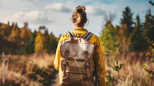 Young woman with backpack hiking in the mountains. Hiking concept.