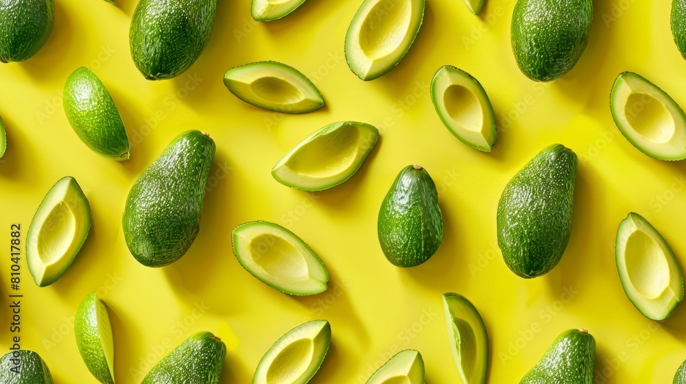 Modern close-up of whole and sliced avocados arranged in a unique pattern on a pastel yellow background, isolated with studio lighting Modern close-up of whole and sliced avocados arranged in a unique pattern on a pastel yellow background, isolated with studio lighting