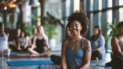 Portrait of smiling african american woman sitting on yoga mat in fitness studio