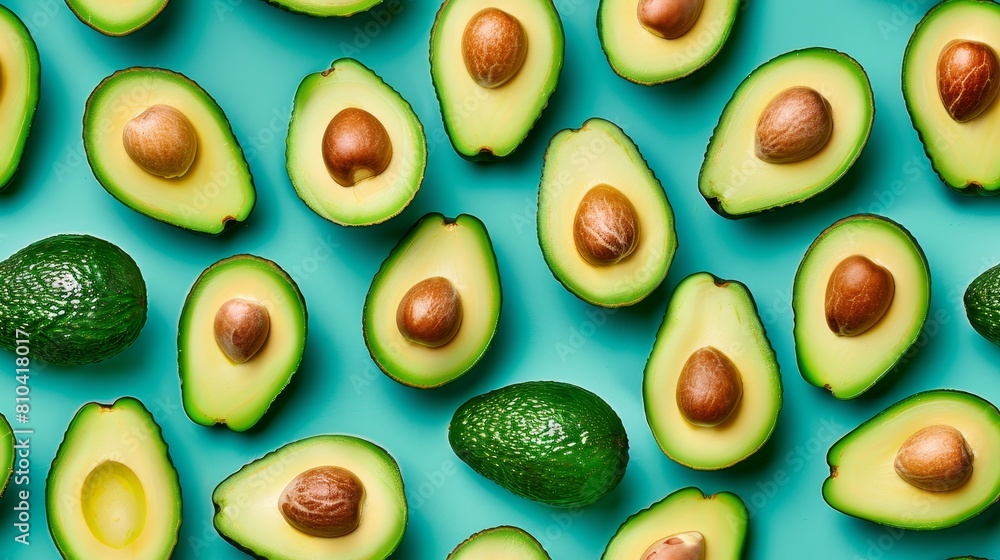 Meticulous pattern of whole and sliced avocados, brightly lit and isolated on a cyan background, studio lighting for clarity Meticulous pattern of whole and sliced avocados, brightly lit and isolated on a cyan background, studio lighting for clarity
