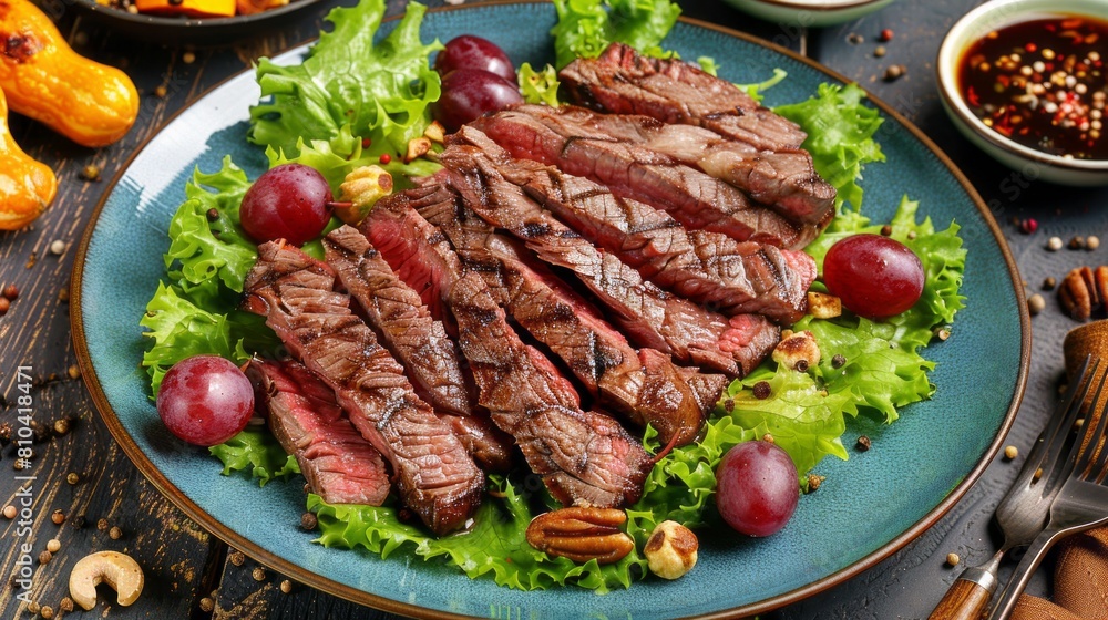 Tender and juicy grilled beef steak with fresh salad.