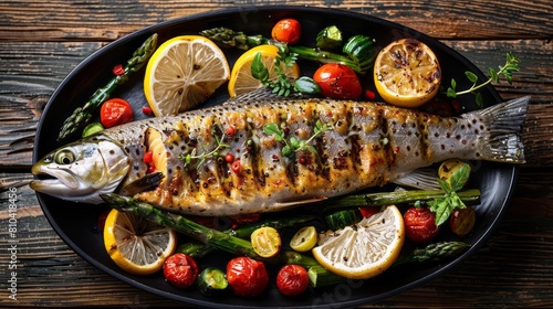 Wallpaper Mural Trout with lemon, asparagus, tomatoes and zucchini on a black plate. Torontodigital.ca
