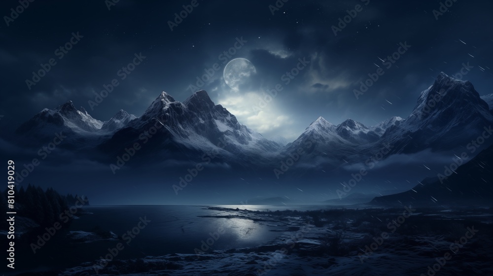 Plain mountain and moon at night