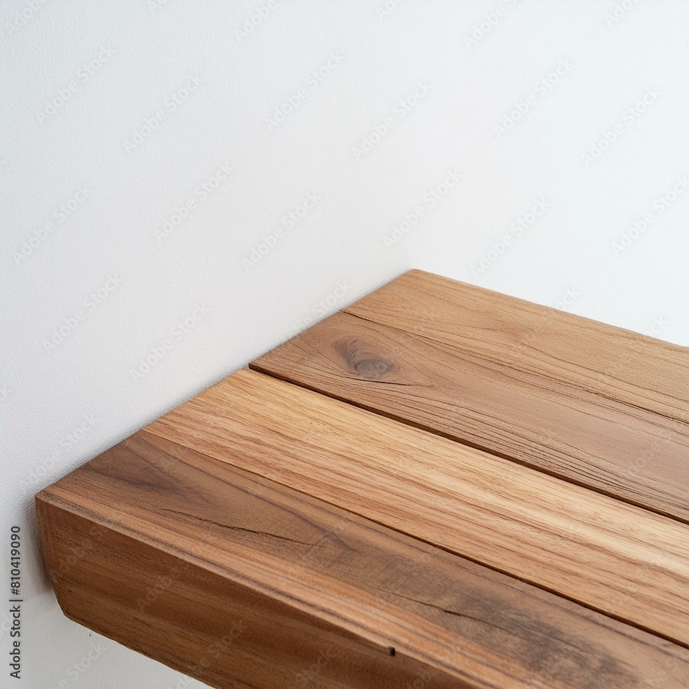 perspective view of wood or wooden table top corner with white wall