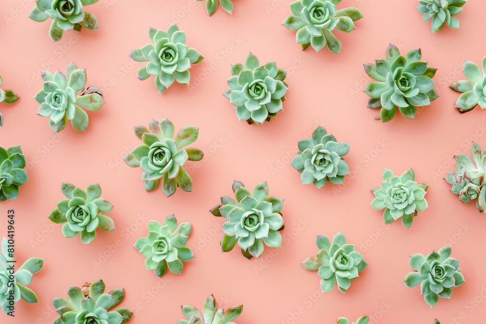 Top view of various succulents arranged on a vibrant pink background, creating a beautiful and colorful flat lay composition Top view of various succulents arranged on a vibrant pink background, creating a beautiful and colorful flat lay composition