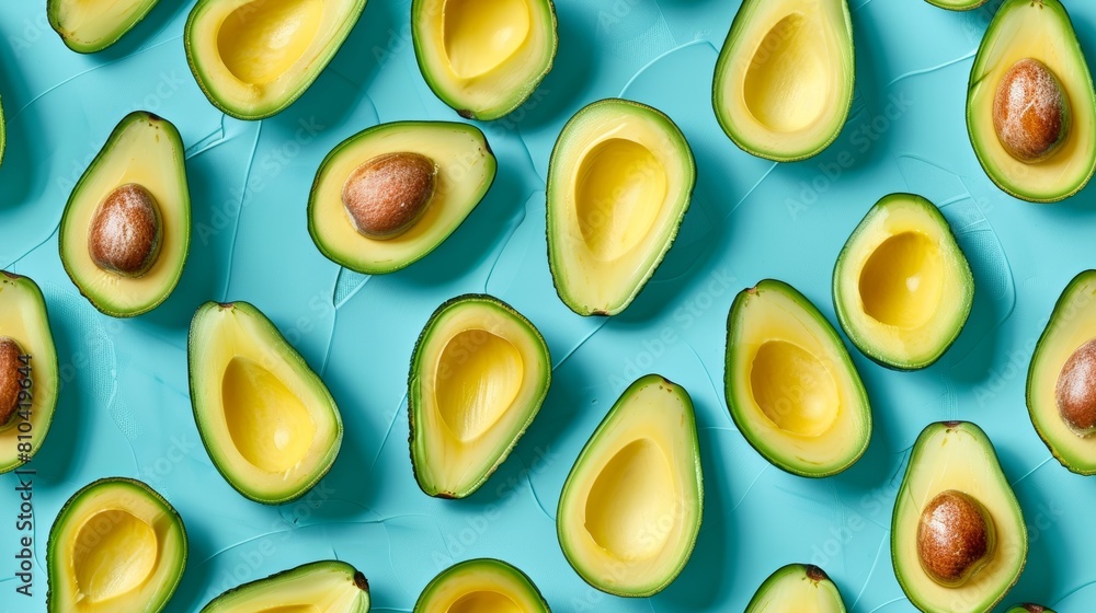 Isolated view of a creative pattern of avocado slices and whole avocados on a bright cyan background, highlighting freshness Isolated view of a creative pattern of avocado slices and whole avocados on a bright cyan background, highlighting freshness