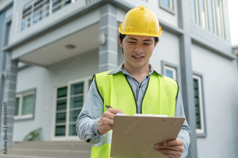 inspector or engineer is inspecting construction and quality assurance new house using a checklist. Engineers or architects or contactor work to build the house before handing it over to the homeowner inspector or engineer is inspecting construction and quality assurance new house using a checklist. Engineers or architects or contactor work to build the house before handing it over to the homeowner