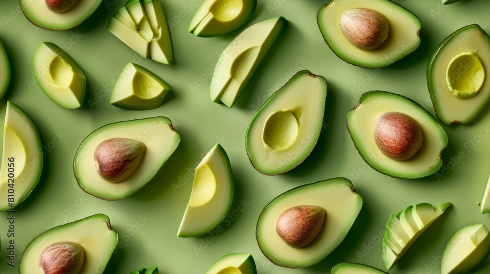 High-detail close-up of avocado slices and whole, creatively laid out on a bright stream green background, isolated under studio lights High-detail close-up of avocado slices and whole, creatively laid out on a bright stream green background, isolated under studio lights