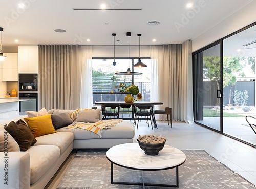 Beautiful modern open plan living room and dining area in an Australian home with sliding doors to the backyard