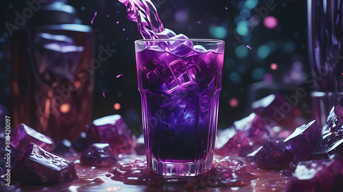 vibrant glowing purple drink, in the style of a product hero shot in motion, dynamic magazine ad image, photorealism, sleep and mystical elements around the background photo
