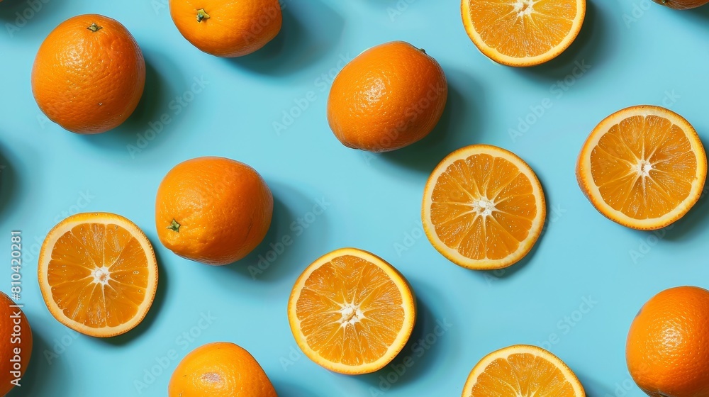 Fun pattern created by arranging whole oranges and slices in a tiled design on a cyan background, studio lighting for isolation Fun pattern created by arranging whole oranges and slices in a tiled design on a cyan background, studio lighting for isolation