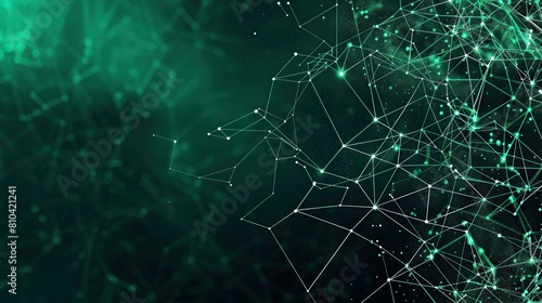 A deep emerald green plexus network with interconnected nodes and lines on a jet-black canvas featuring a large open area in the top right corner for text