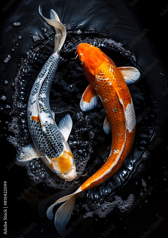 top view of couple koi fish swiming in yin yang shape on black background top view of couple koi fish swiming in yin yang shape on black background