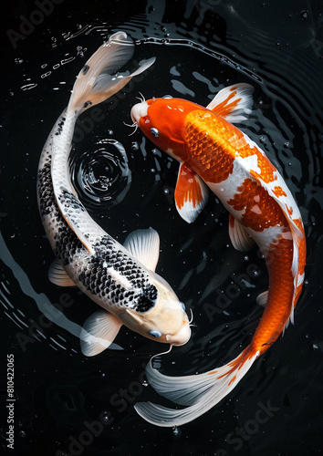 top view of couple koi fish swiming in yin yang shape on black background