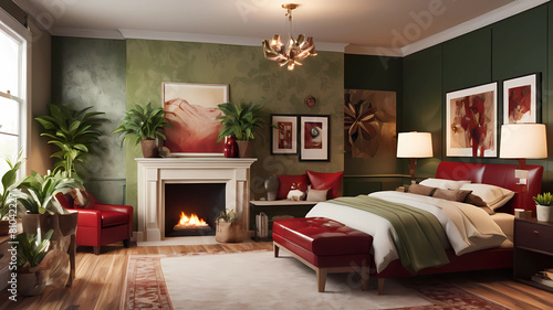 Create a cozy and inviting bedroom with a touch of modern elegance. Incorporate warm earth tones such as rich red  creamy beiges  and soft greens. Mix different textures like plush velvet  circuit boa