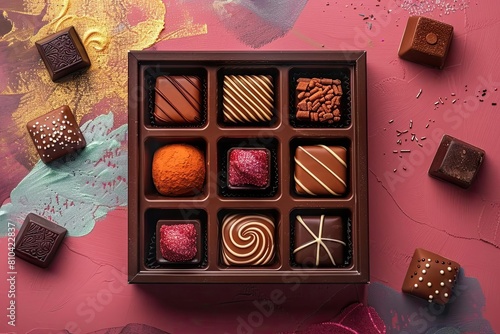 A box of chocolates sits on a pink table