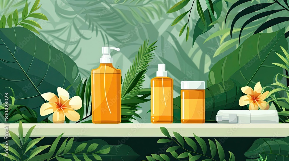 Create a visually appealing product image of a line of four cosmetic bottles against a lush tropical foliage backdrop Create a visually appealing product image of a line of four cosmetic bottles against a lush tropical foliage backdrop
