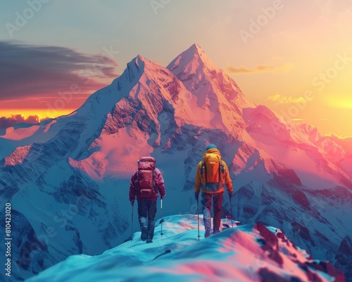 Two hikers reach the summit of a snow-capped mountain and gaze at the view