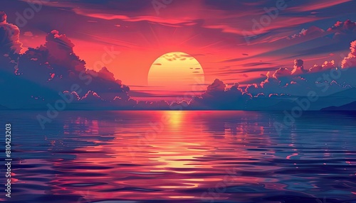 A beautiful sunset over a calm sea. The sky is ablaze with color, and the water reflects the vibrant hues. The waves are gentle and the atmosphere is peaceful.