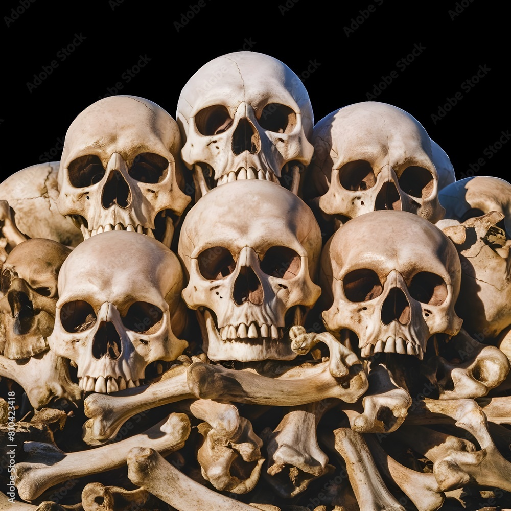 Pile of human skulls isolated on a black background.
Pile of human skulls isolated on a black background.