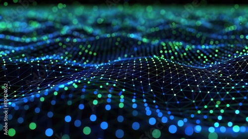 A digital landscape of interconnected neon blue and green dots creating a high-energy network on a dark background optimized for displaying text in a central area