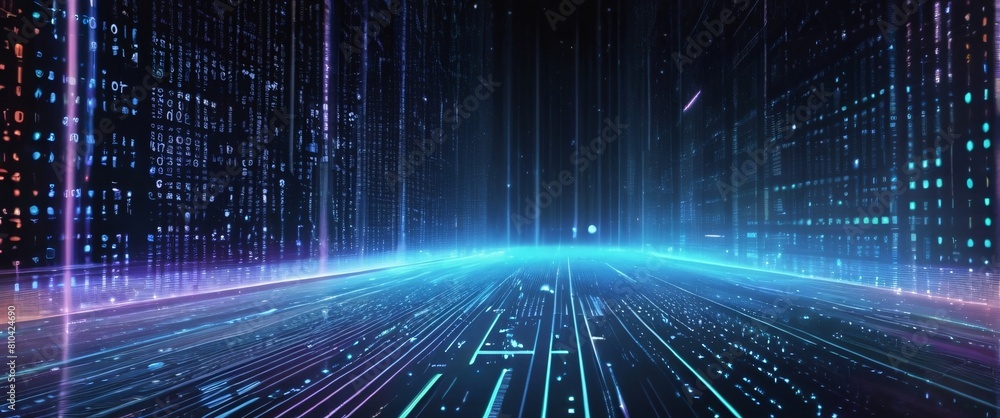 An abstract digital background with binary code and AI algorithms running in the background
