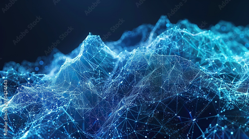 A digital network of bright blue and cyan connections resembling a high-tech ice field set against a dark navy background specifically arranged to leave room for text in the upper left corner A digital network of bright blue and cyan connections resembling a high-tech ice field set against a dark navy background specifically arranged to leave room for text in the upper left corner