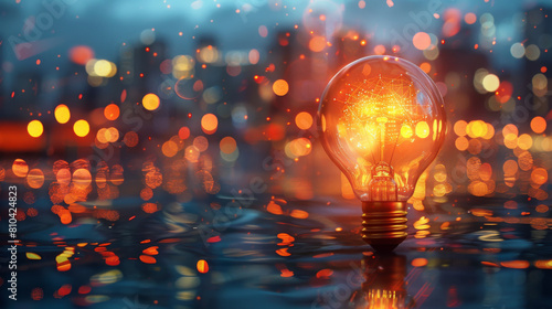 An illuminated lightbulb floating on water, surrounded by colorful bokeh, symbolizing ideas and creativity.