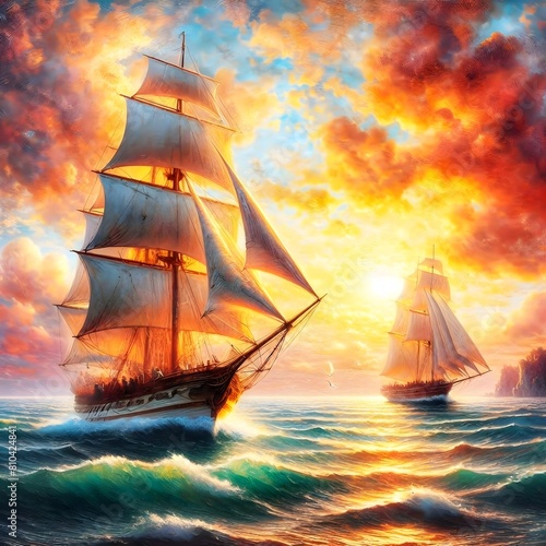 A beautiful painting of two ships sailing in the ocean at sunset.