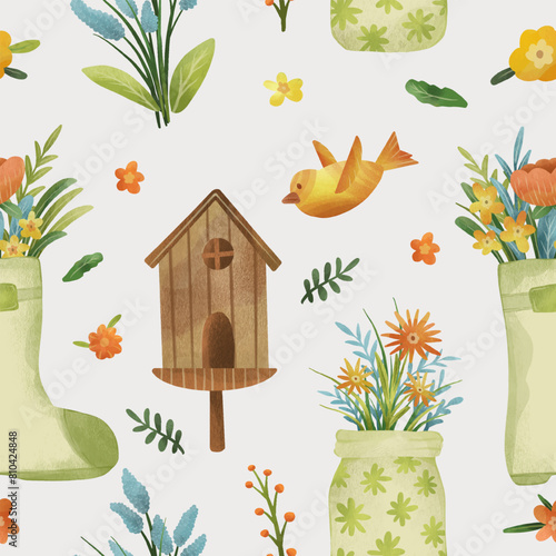 Gardening seamless pattern. spring garden flowers background.