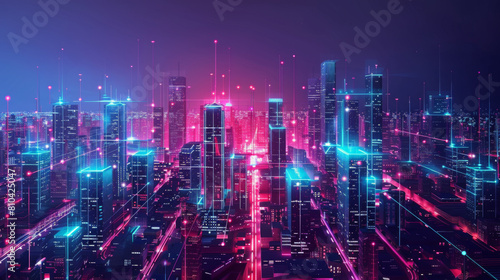 A vibrant neon cityscape at night  featuring futuristic architecture and glowing lights in a metropolis.