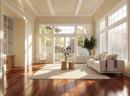 Beige living room with cherry wood floors and large windows stock photo contest winner