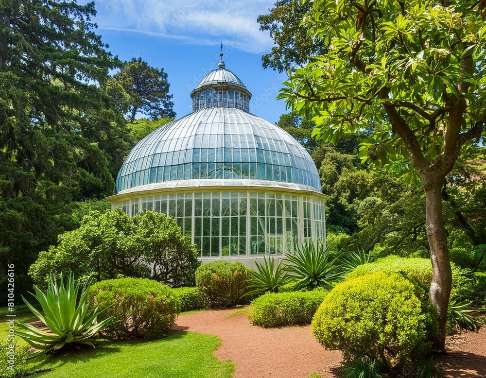 glasshouse in a botanical garden surrounded by lush