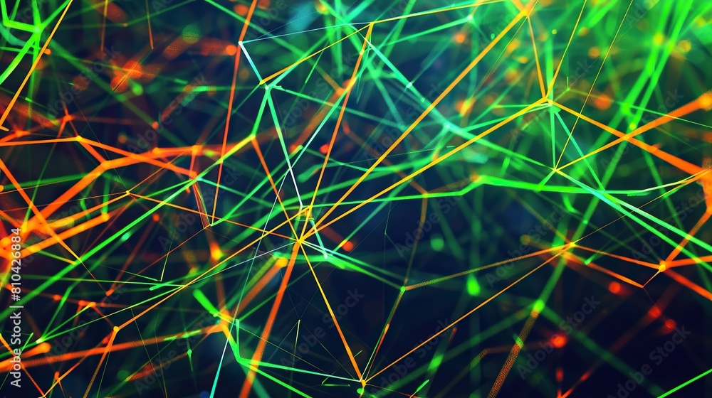 Obraz premium A dynamic and colorful plexus of neon green and orange lines on a dark canvas specifically arranged to leave ample room for text in the upper third of the image ensuring clarity and impact